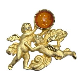 LOUIS STERN CHERUB ANGELS W BALTIC AMBER STONE BROOCH